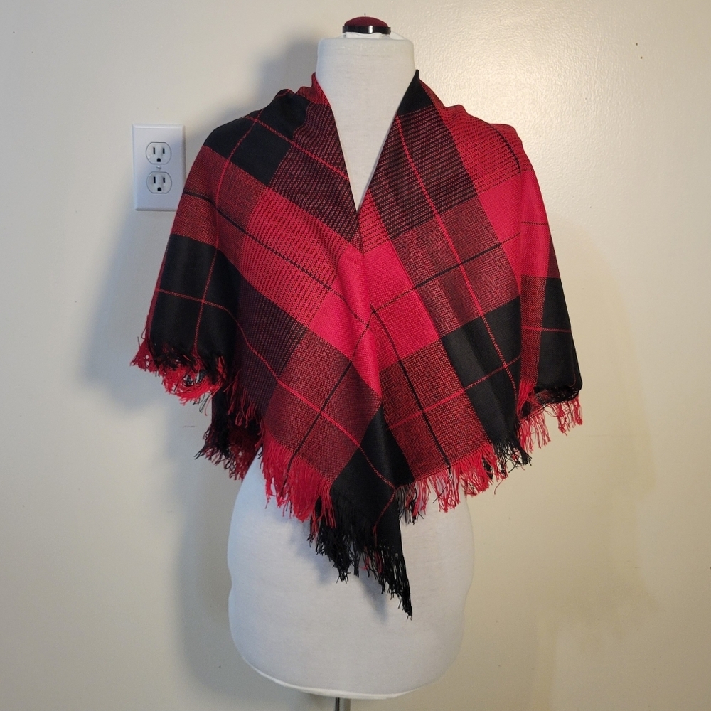 Women's Red and Black Plaid Square Scarf Shawl - Picture 2 of 4